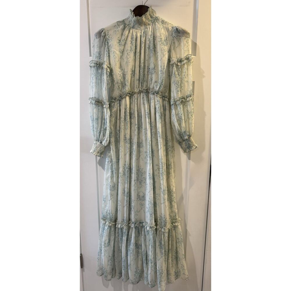 ASOS Design High Neck Maxi Dress Frill Edge Blue Floral Size 2 Coquette Cottage